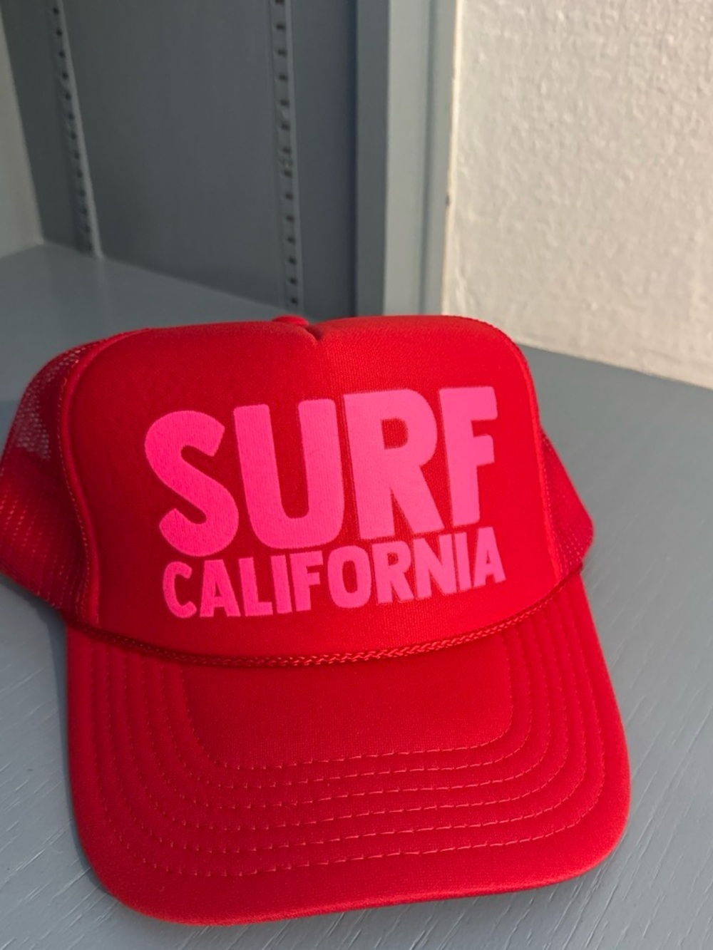 Brand new Red Trucker Hat with Pink "SURF CALIFORNIA" Text